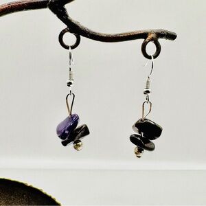 Natural Stone Dangle Earrings Black with Purple Accent Silver Tone